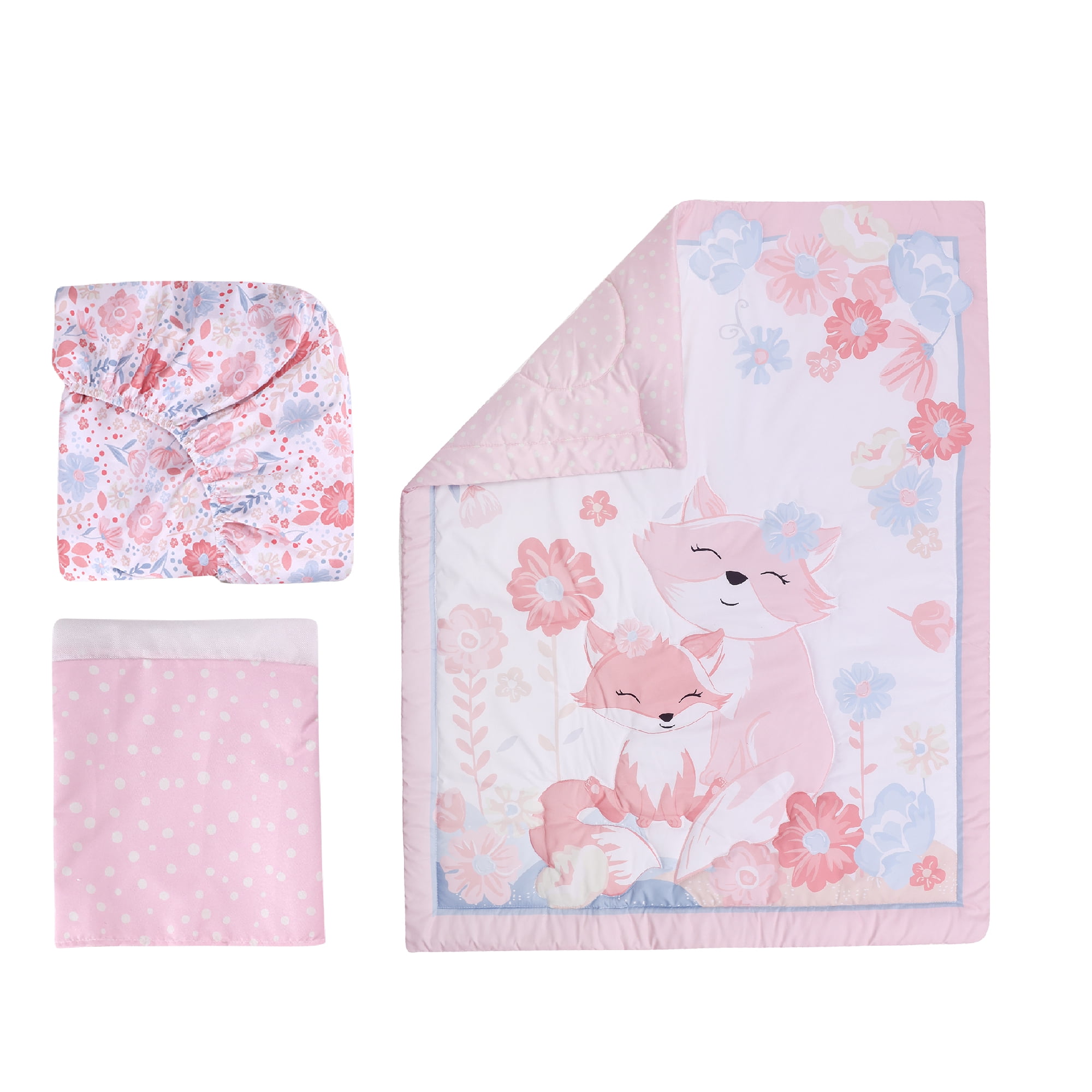 Sweet Baba 3 Piece Crib Bedding Sets for Girls, Pink Forest Baby Crib Set Including Crib Skirt,Quilt,Crib Sheet