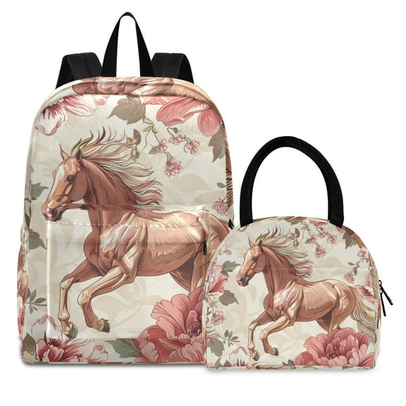 ALAZA Backpack Set Horse in Flowers Elementary School Bags Student BookBag with Lunch Bag