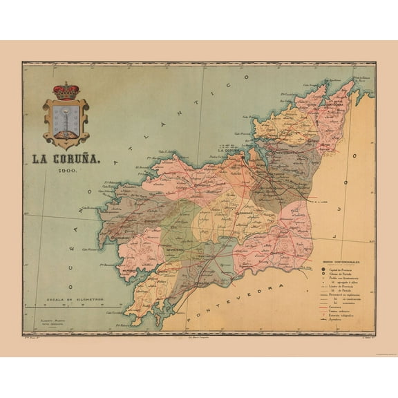 Historic Map - La Coruna Spain - Martine 1904 - 28.81 x 23 - Vintage Wall Art