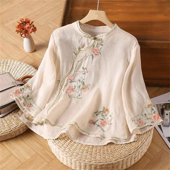Womens Shirts Cotton Linen 3/4 Sleeve Embroidered Chinese Traditional Mandarin Collar Button Blouse Summer Trendy Tops Beige XL