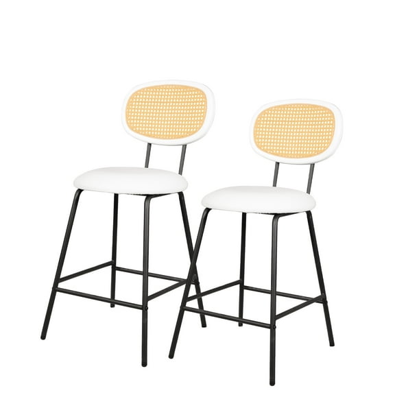 ExOffice Counter Height Bar Stools,24" Rattan Backrest Dining Chair,for Kitchen/Home Bar/Restaurant,Set of 2,White