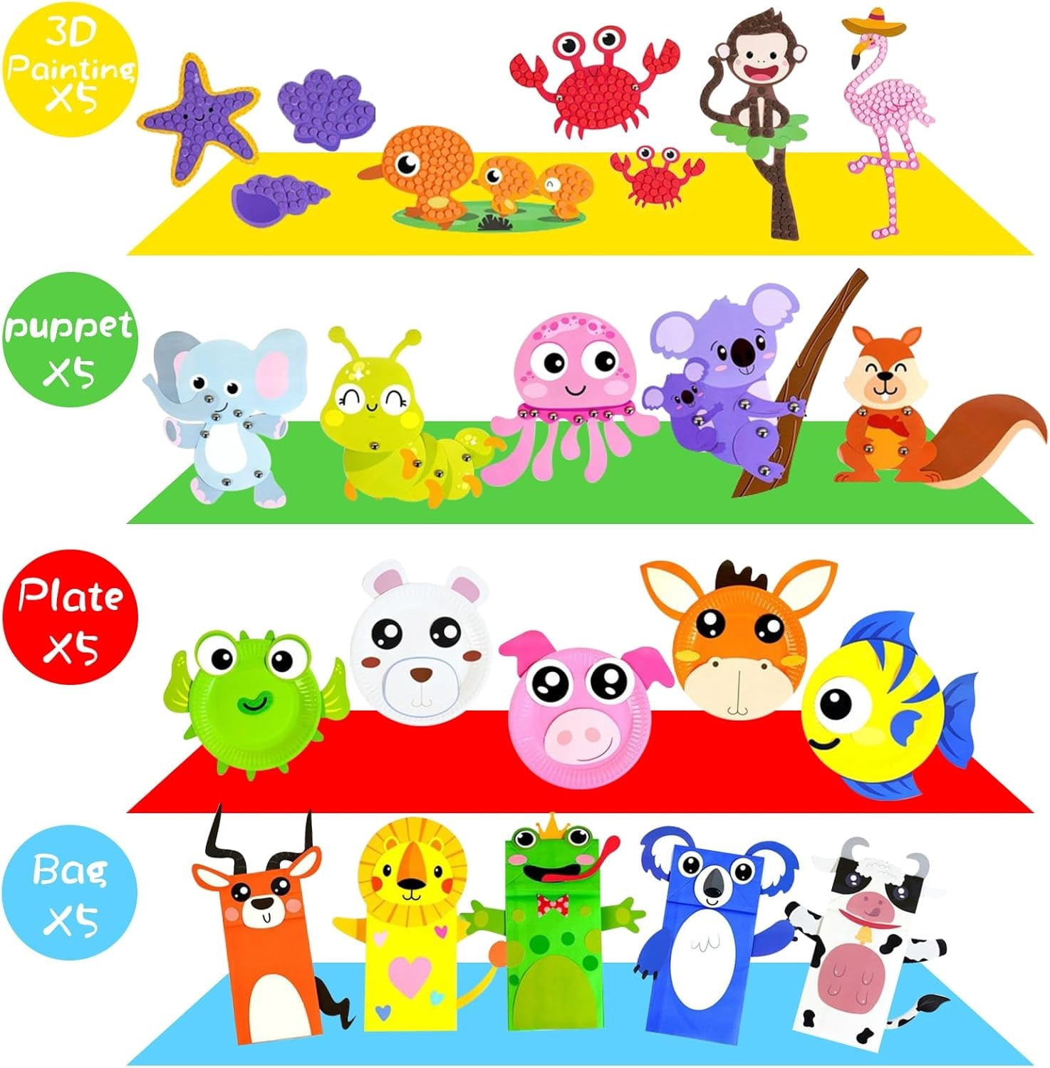 20 Animal Arts & Crafts Kit for Kids 4-6, All-Inclusive Toddler Craft Box with Paper Plates, Puppets, Fun Activities, Tigers, Lions (134 Characters) (Animal)