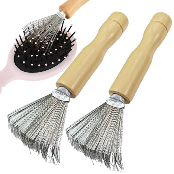 Bxaolu Hair Brush Cleaner, 2 Pieces Mini Hair Dirt Remover Brush with Metal Wire Rake, Wooden Handle for Home and Salon Use (Yellow)