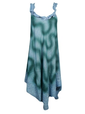 Mogul Women Tank Dress Tie Dye Printed Green Bohemian Flare Boho Gypsychic Beach Cover Up Dresses S