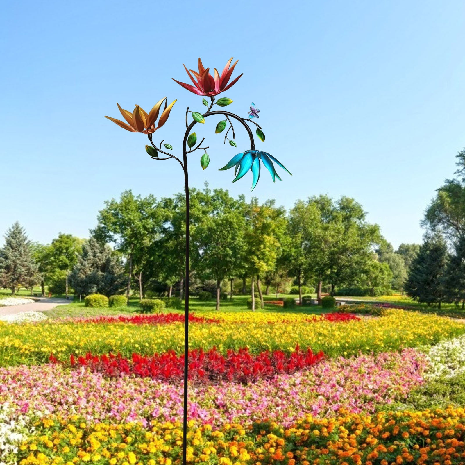 Large Metal Wind Spinner with 3 Spinning Flowers and Butterflies, Outdoor Garden Art Decor, 95x30cm Iron Yard Ornament, Set of 2