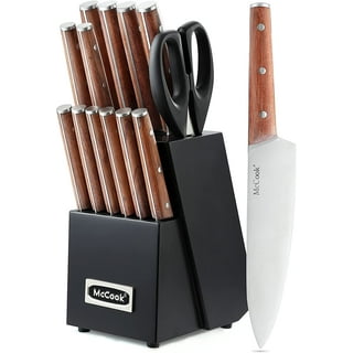McCook Dishwasher Safe MC701 Black Knife Sets of 26, Stainless Steel Kitchen Knives Block Set with Built-in Knife Sharpener,Measuring Cups and Spoons