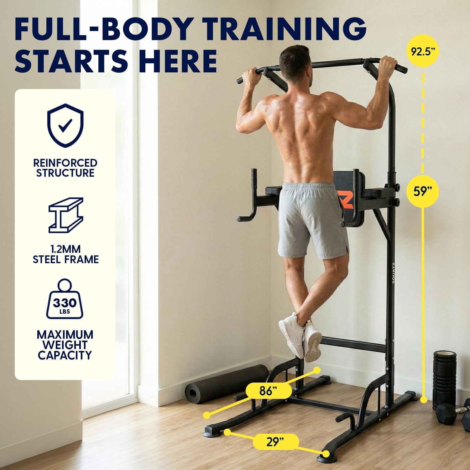 Squatz Power Tower Pull Up Station – Free Standing Multi-Grip Workout Frame with 6 Adjustable Heights, H-Base Stability, Steel Construction, 330 lb Capacity (Black)