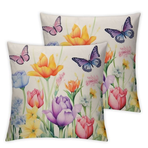 Acheng Spring Tulip Pillow Covers Set of 2, Pink Tulips Throw Pillow Covers Spring Outdoor Pillows Protectors Farmhouse Sofa Couch Cushion Cases Seasonal Decorations for Home 12x12in