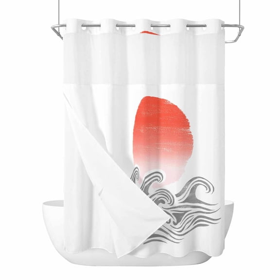 No Hook Orange Ombre Sun Rise Shower Curtain with Snap in Liner Set, Ocean Waves Coastal Abstract Art Waterproof Fabric Bathroom Curtains with See Through Top Window, Hotel Style Long 72 x 84 Inch