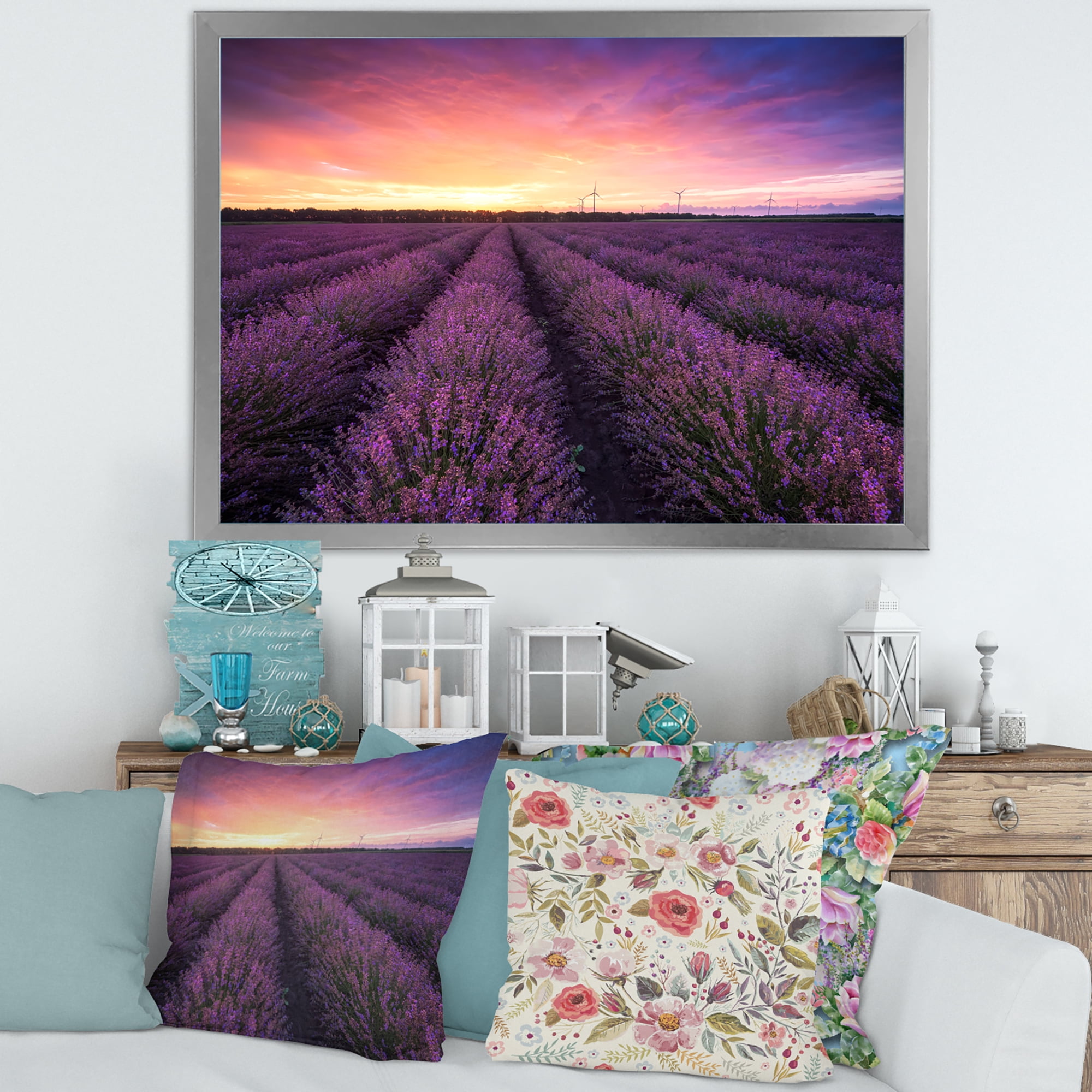 Designart 'Dramatic Clouds and Sunrise Over Lavender Field XIII' Farmhouse Framed Art Print