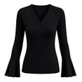 thumbnail image 4 of CQONEPT Womens Ribbed Knit Bell Sleeve Tops Plain Slim Fit V Neck Blouses Dressy Casual Going Out Shirt Tees Daily Wear Work Office Fall Outfits L, 4 of 6