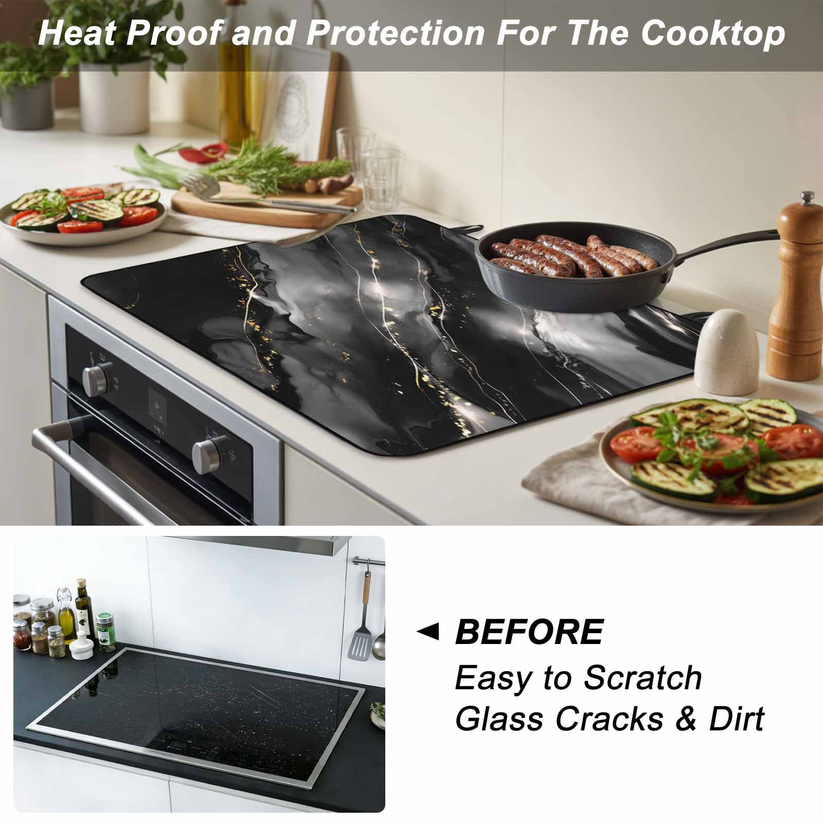 Blake Gray Marble Stove Top Cover for Electric Stove, Heat-proof & Non Slip Glass Top Stove Cover Protector, Modern Abstract Art Marble Crack Kitchen Flat Cooktop Rubber Mat 24x21 Inches
