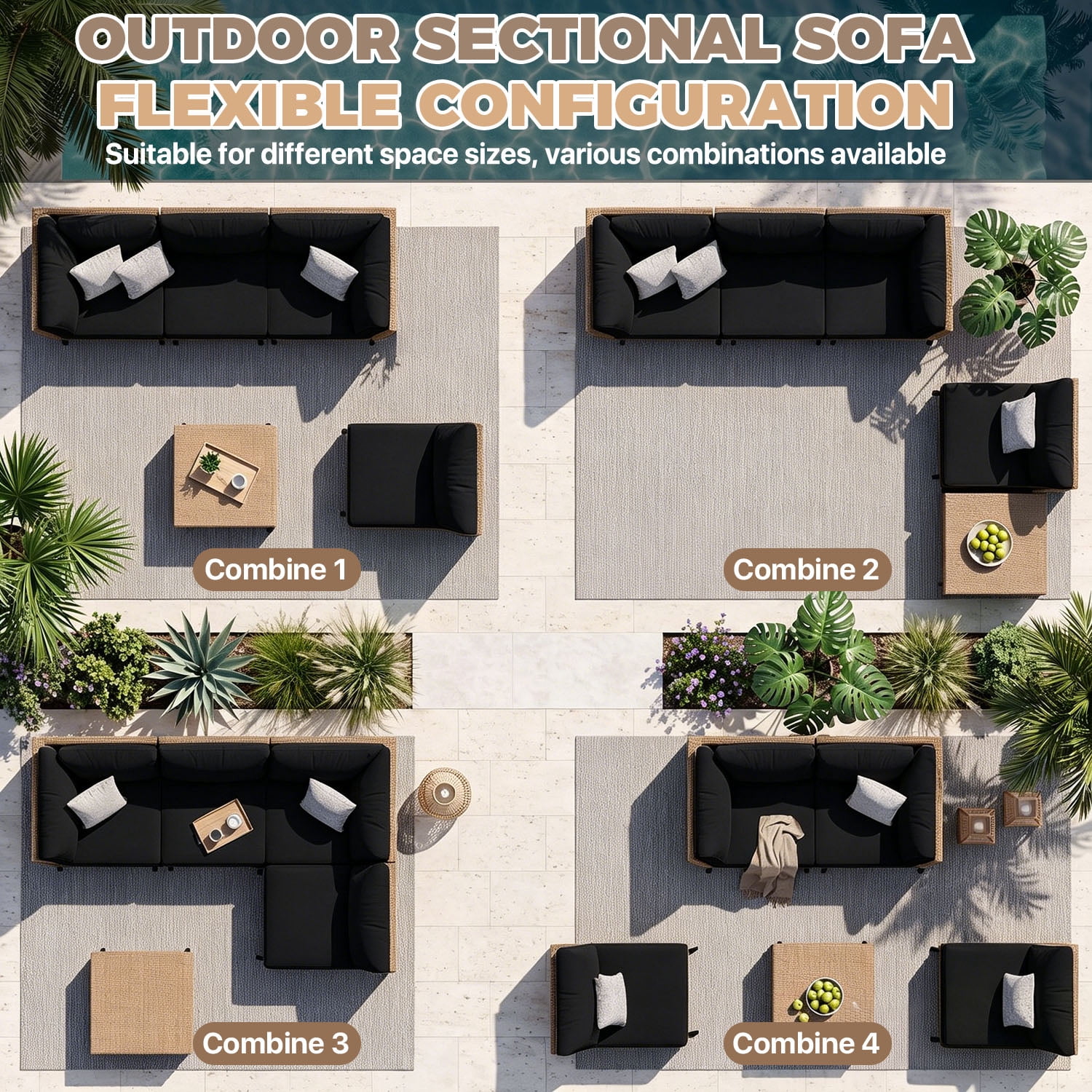 BaPiPro 5-Piece Modular Outdoor PE Rattan Sectional Sofa Set, All Weather Patio Furniture with Removable 4" High Density Cushions & Tempered Glass Coffee Table for Backyard Garden Courtyard, Black