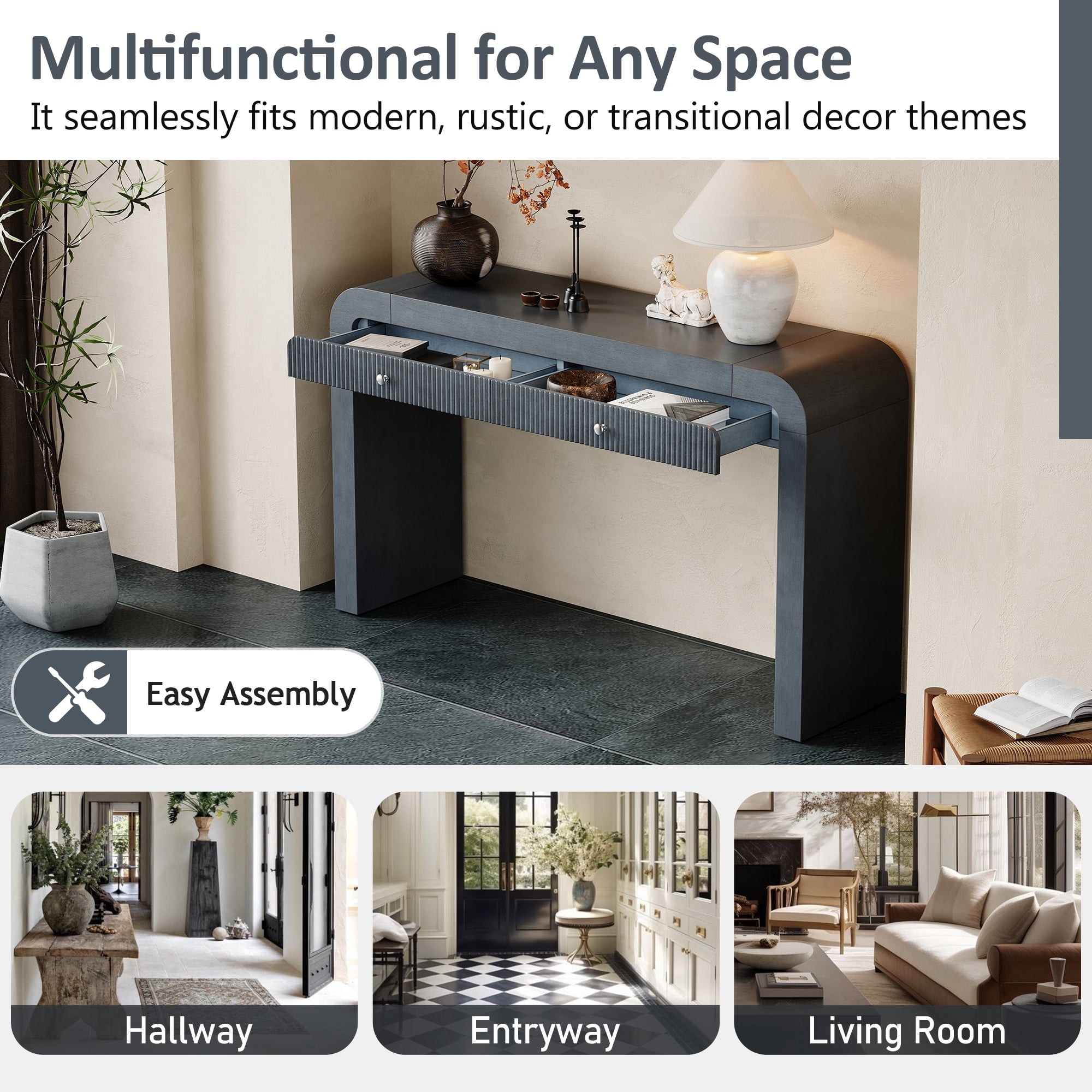 Harper & Bright Designs Wood Console Table with Storage , Flutde Entryway Table with Curved Corners for Hallway & Living Room , Dark Navy