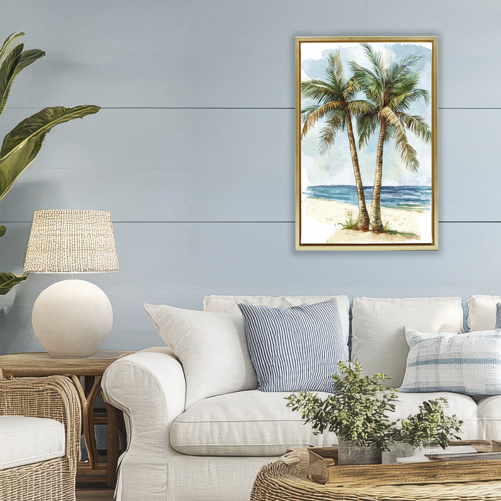 Stupell Industries Illustrated Palm Tree Duo Gold Framed Floater Canvas Wall Art, design by Petal Prints Design