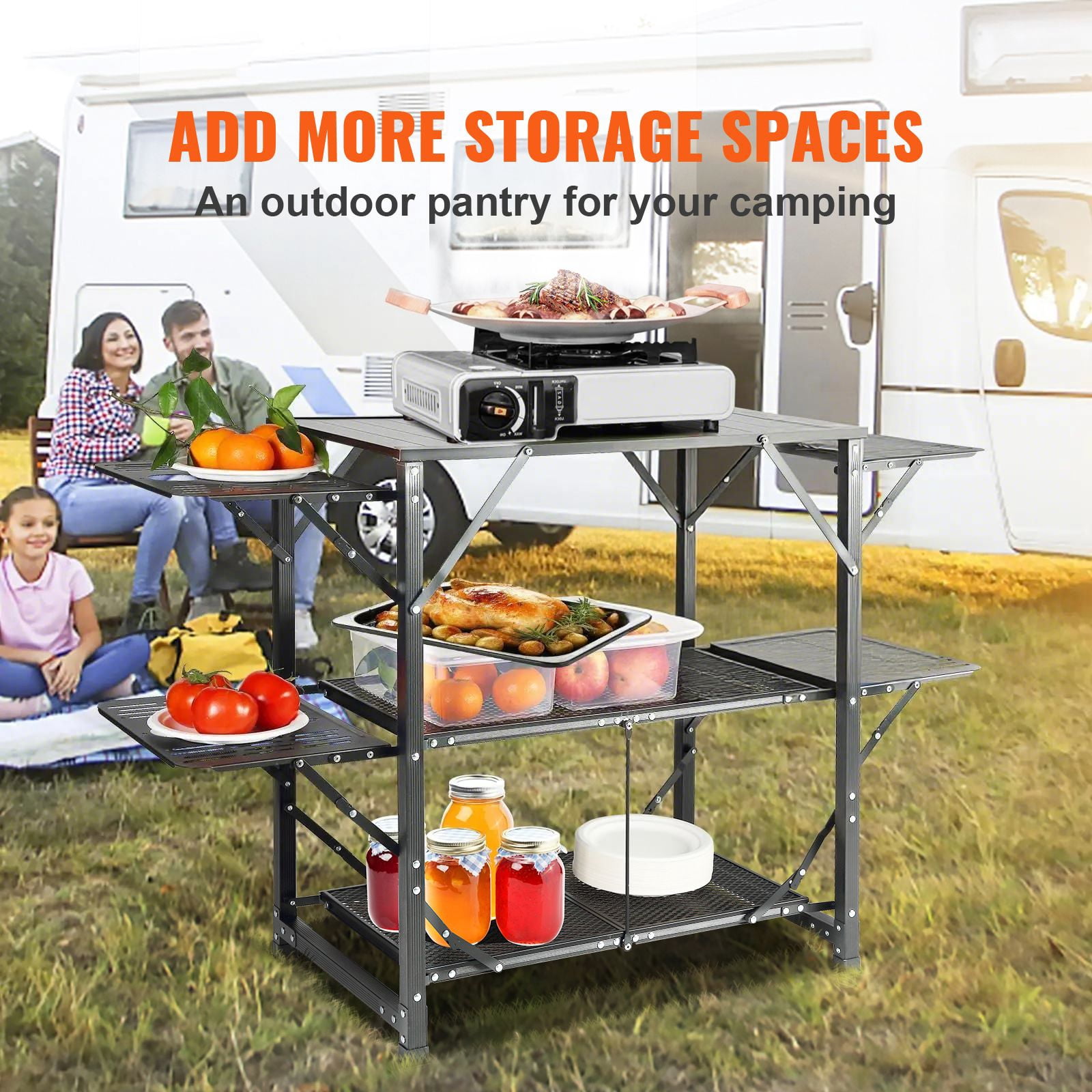 Camping Kitchen Table, One-piece Folding Portable Cook Station with Carrying Bag, Aluminum Camping Table 4 Iron Side Tables & 2 Shelves, Ideal for Outdoor Picnics, BBQs, Camping, RV Traveling