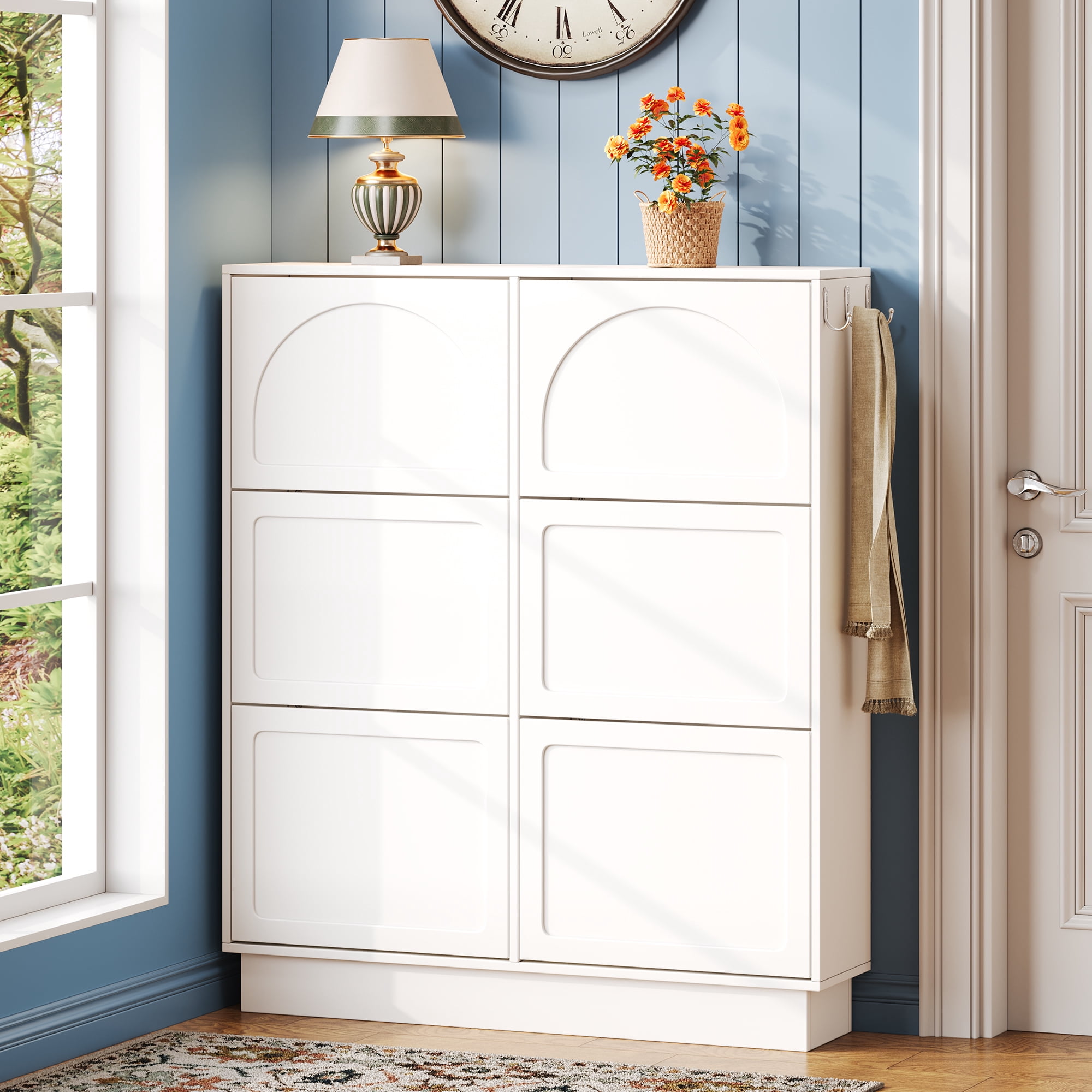 Euroco Elegant Narrow Tipping Bucket Shoe Cabinet with 6 Flip Drawers, Space Saving Design, Cream Style Entryway Organizer with Adjustable Shelf, Free-Standing Shoe Rack with 3 Silvery Hooks, White