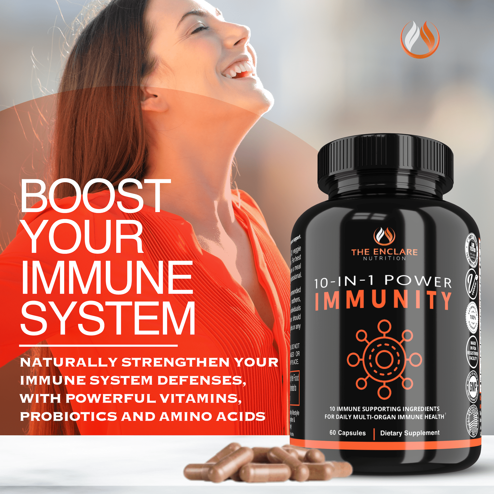 The Enclare Nutrition Emergency Immune Support for Adults, Vitamin C, Zinc, Echinacea, 60ct with Box
