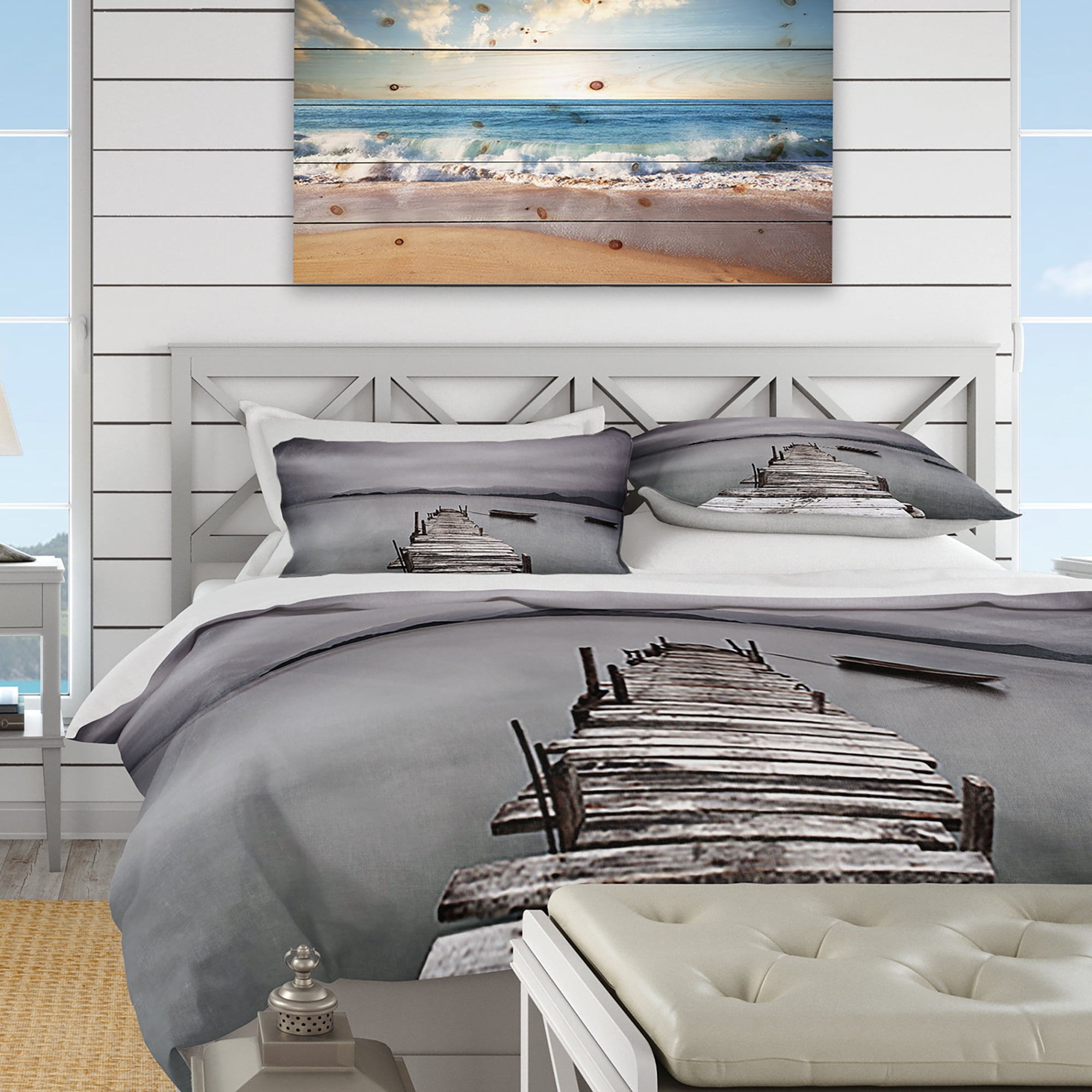 Designart 'Pier and Boats At Seashore' Coastal Duvet Cover Set