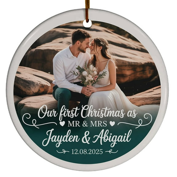 Our First Christmas as Mr & Mrs Ornament 2025, Custom Name Text Date Names Photo Keepsake, 1st Christmas Married Ornament for Newlywed Couple