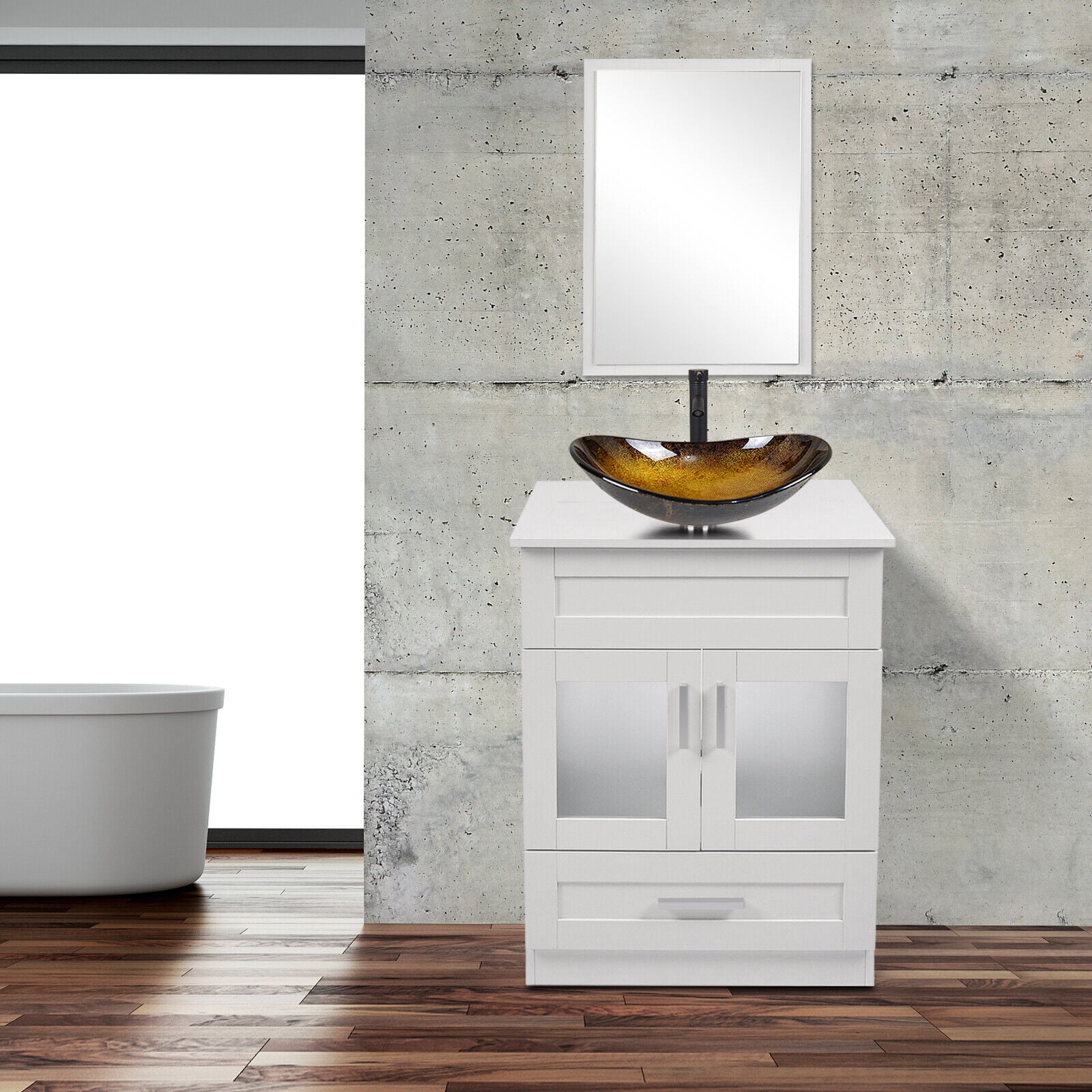 FULLWATT 24" Vanity Bathroom Cabinet with Mirror and Vessel Sink Bowl Faucet Combo Set