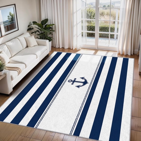 Nautical Anchor Area Rugs, Blue White Striped Carpet, Washable Non Slip Low Pile Soft Rug for Living Room Bedroom Decor Mat 2ftx3ft