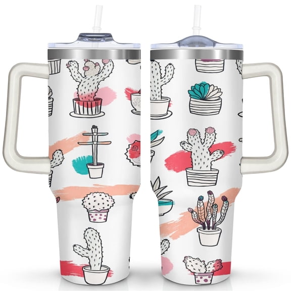 Cactus 40 Oz Tumbler with Handle Lid and Straw, Stainless Steel Double Walled Vacuum Insulated Cup, Cute Anniversary Wedding Birthday Gifts Tumbler for Women Men Friends Outdoor Indoor