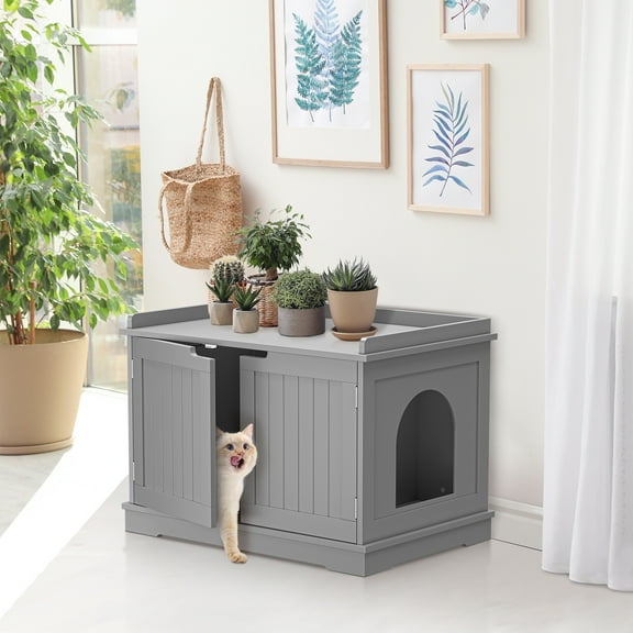 HomGarden Multi-Functional Cat Washroom Bench Hidden Cat Litter Box Enclosure Furniture Light Gray