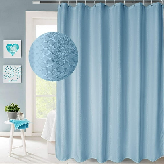 Extra Long 72x86 Inch Shower Curtain, Fabric Heavy Weight Waffle Weave Design Bathroom Curtain with Hooks, Weighted Hem, Water Repellent, Light Blue