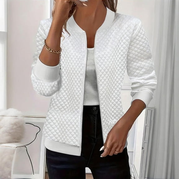 Morttic Women's Elegant Cable Zipper Front Long Sleeve Stand Collar Solid Color Spring & Fall Jacket for Casual & Formal Outfits White,S