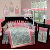Sisi Baby Bedding - Grey Damask Crib Nursery Bedding Set 13 Pieces