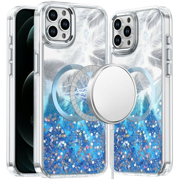For iPhone 12 Pro Max 6.7 Epoxy Glitter Shimmer [Magnetic Circle] Hybrid Case - Dark Blue