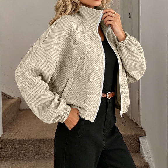 Women Jacket Solid Color Cropped Zip Up Coat Long Sleeve Stand Collar Outerwear Drawstring Hem Elastic Cuffs with Pockets Casual for Daily Campus Shopping Weekend Street Wear