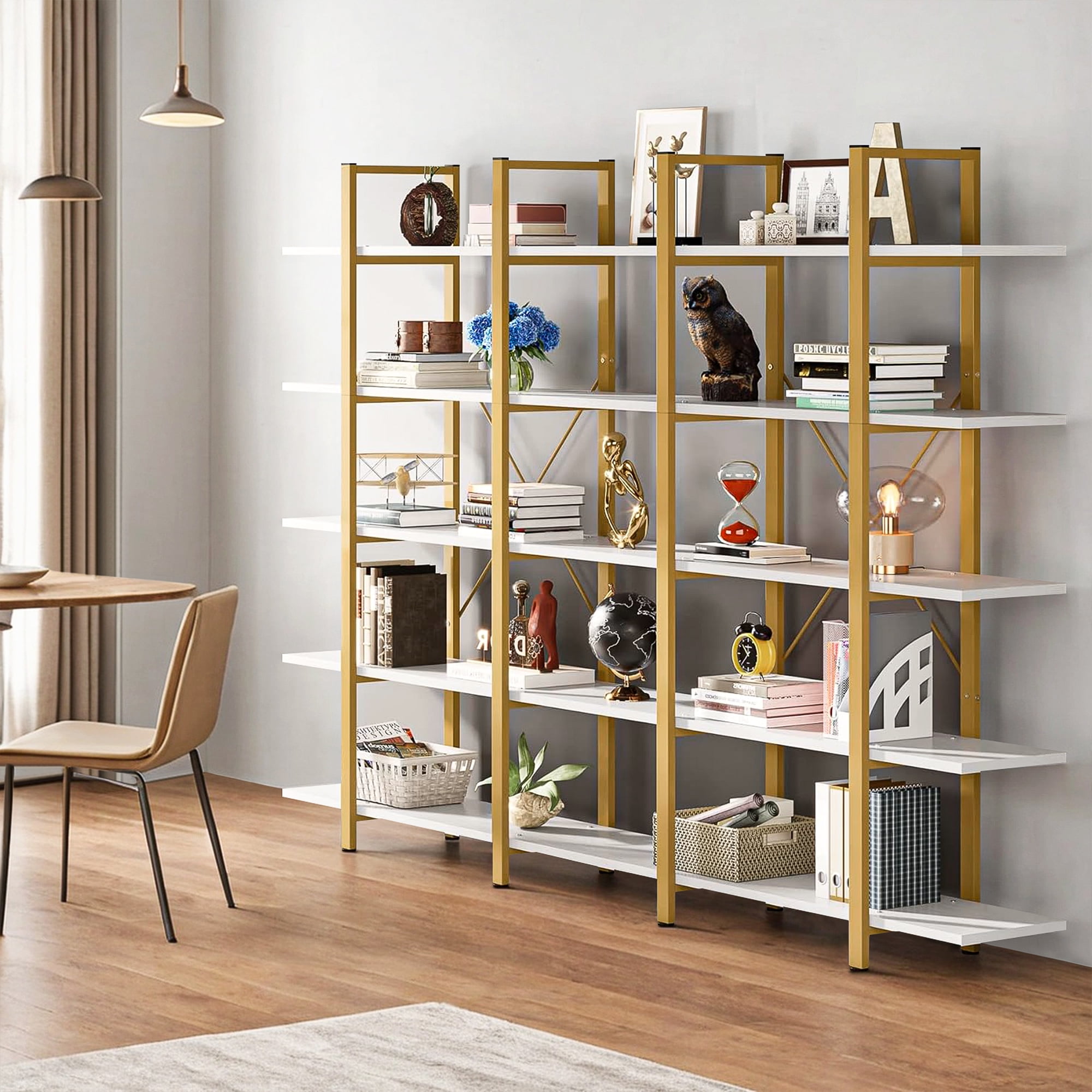 Demi Bonn 5 Tier Bookshelf, Bookshelves, Open Etagere Bookcase Shelf Storage Organizer, Free Standing Storage Shelving Unit for Bedroom, Living Room and Home Office, White & Gold