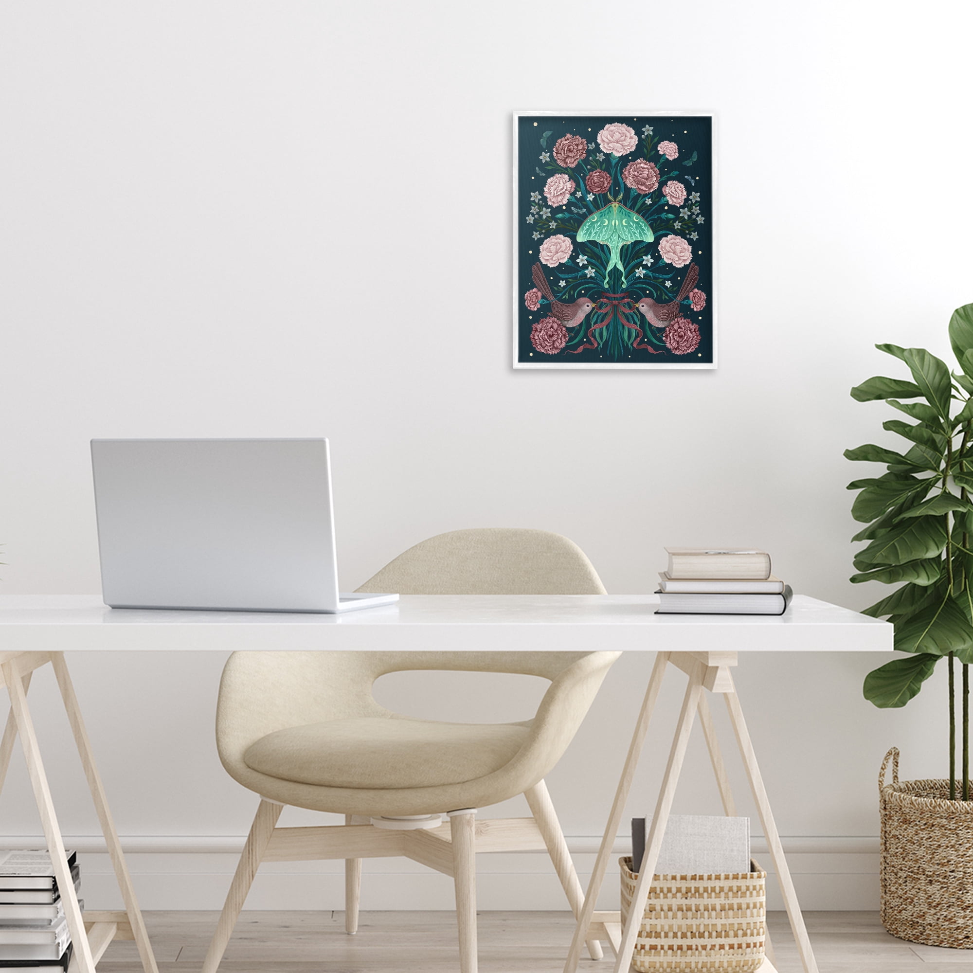 Stupell Industries January Carnations & Moth White Framed Giclee Art, design by Episodic Drawings