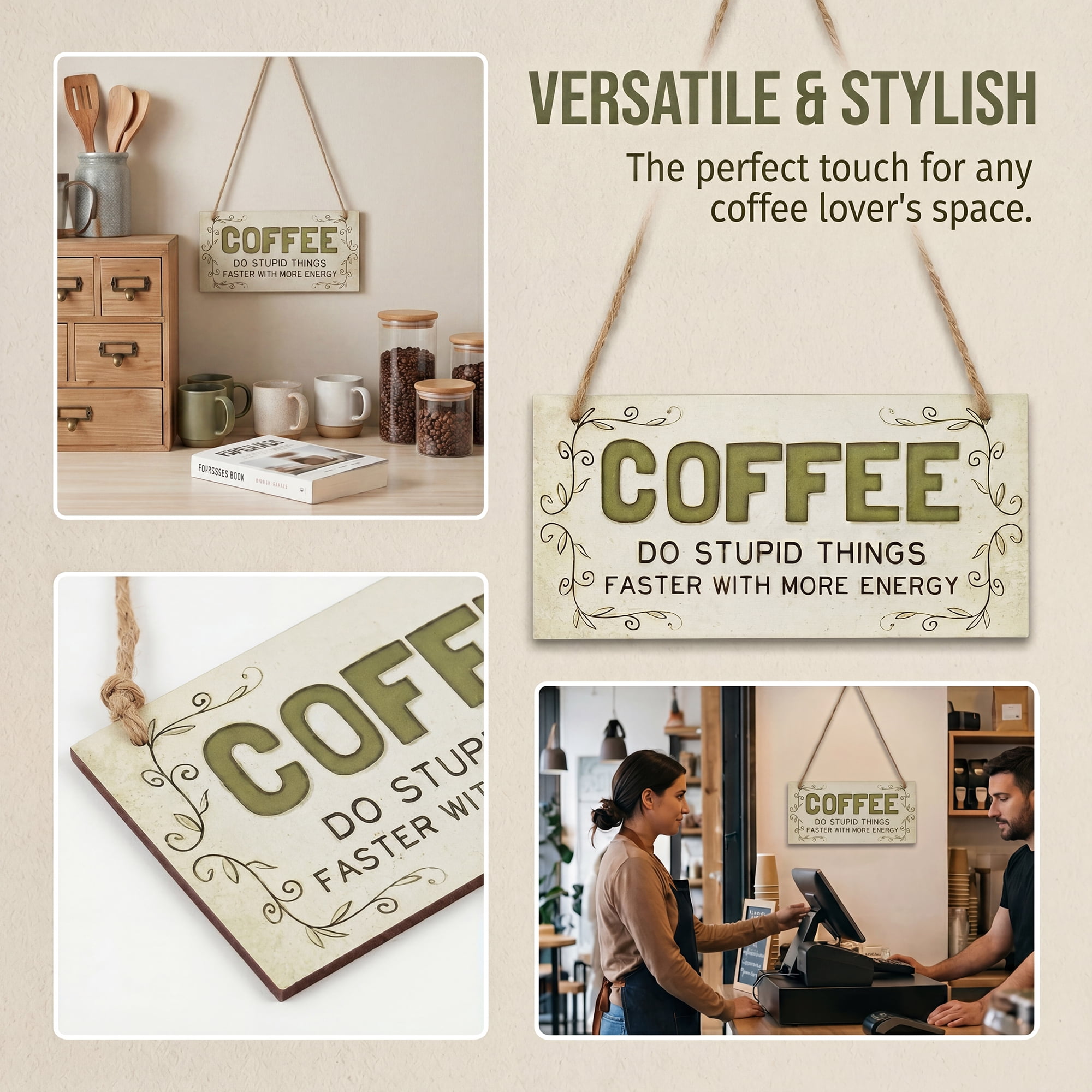 Unique Bargains Coffee Bar Sign Station Decor Rustic Wood Hanging Plaque Style B 3.9in