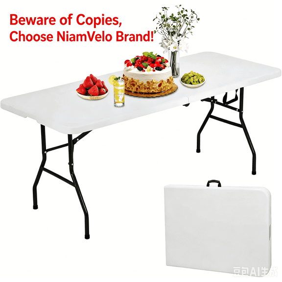 NiamVelo   Folding Tables 6ft Folding Table Portable Plastic Indoor Outdoor Camping Dining Table with Carrying Handle, White