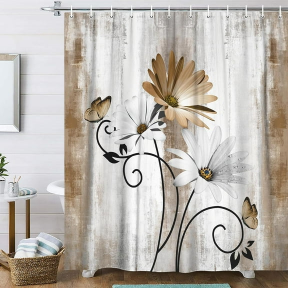 Rustic Farmhouse Shower Curtain, Farm Tan Cream Daisy Floral Flowers and Butterfly on Country Wooden Shower Curtain for Bathroom, Beige Brown Shower Curtain with 12PCS Hooks, 70X70IN