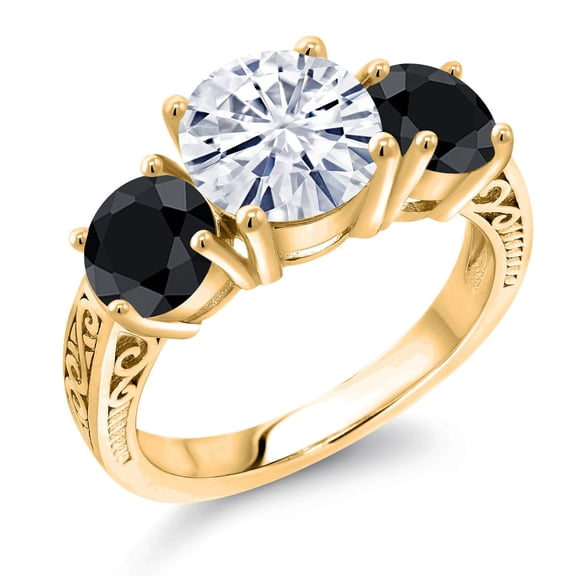 Gem Stone King 18K Yellow Gold Plated Silver White Moissanite and Black Sapphire Engagement Ring for Women | 4.20 Cttw | Round 8MM | Gemstone Birthstone | Size 8