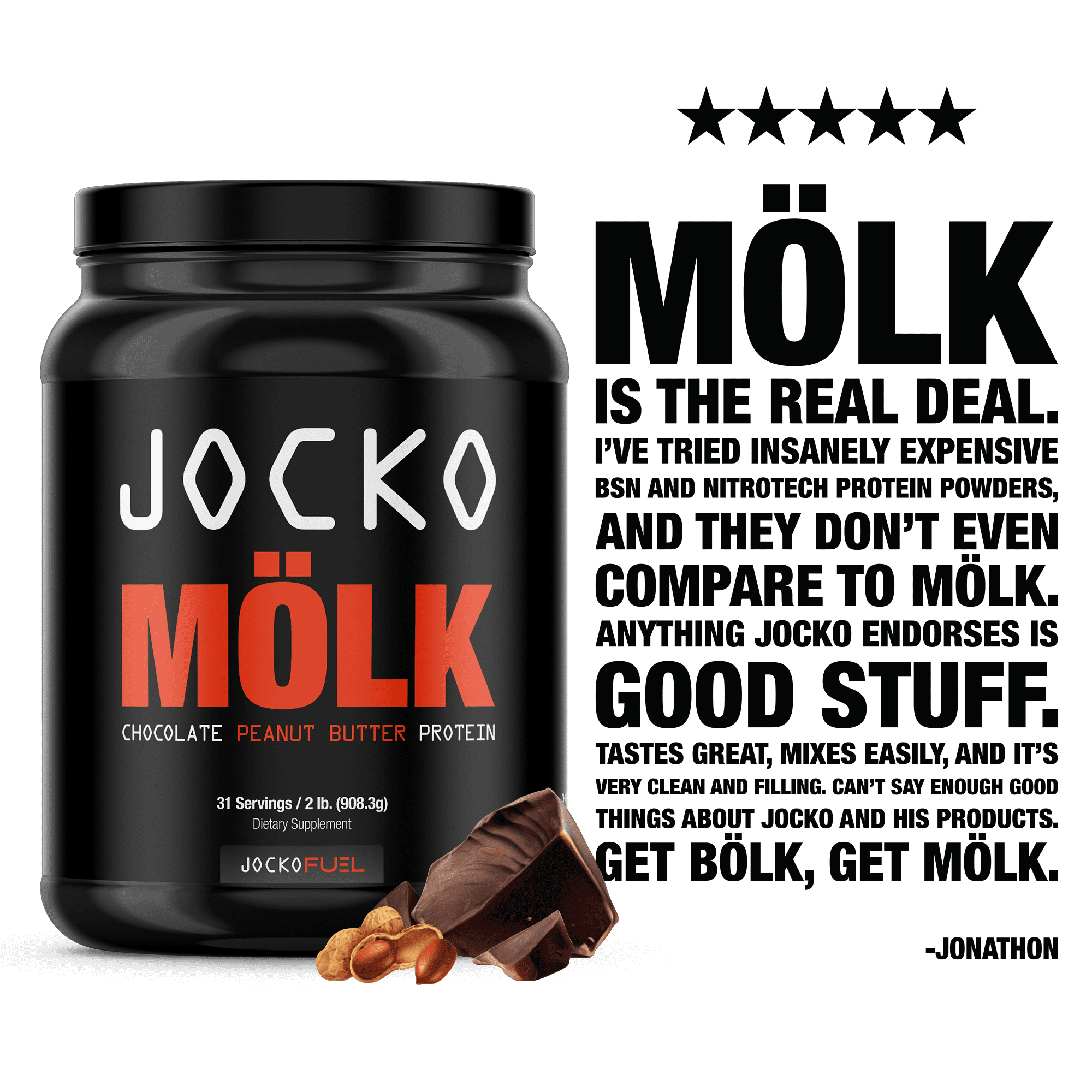 Jocko Mӧlk Protein Powder, Chocolate Peanut Butter, 22g Protein, 2 lb.