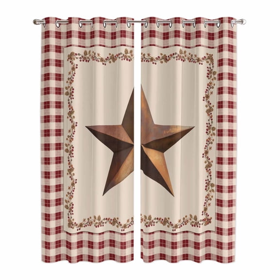 Kitchen Curtains 84 Inch Length 2 Panels, Western Texas Star Retro Grommets Window Treatment Curtain, Rustic Vintage Farm Red Beige Plaid Thermal Curtains Drapes for Living Room/Bathroom