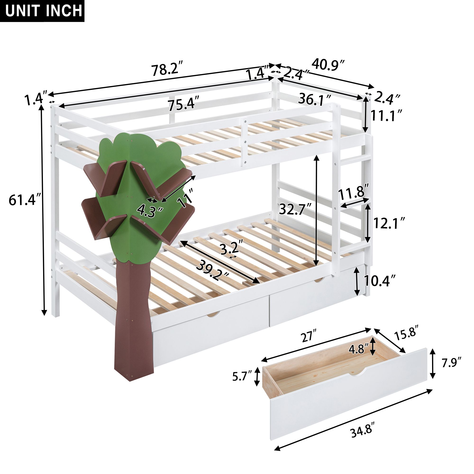 DEALTOPS Twin-Over-Twin Bunk Bed with a Tree Decor and Two Storage Drawers - White