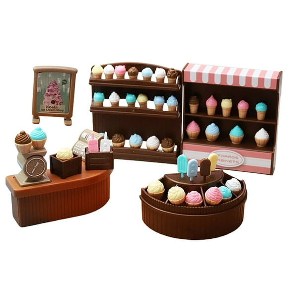 OUNONA Miniature Ice Cream Shop Counter Set with Mini Cake Display Cabinet, Small Decorative Furniture for Dollhouses and Collectors