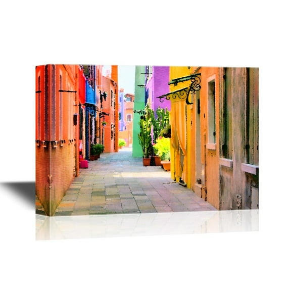 wall26 - European Town Canvas Wall Art - Colorful Watercolor Style Street - Gallery Wrap Modern Home Art | Ready to Hang - 16x24 inches