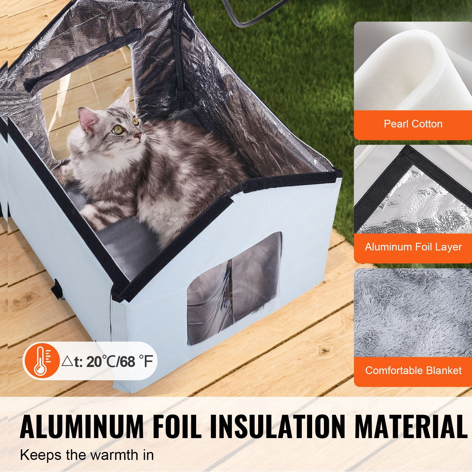 Dranite Heated Cat House Winter Outdoor Indoor, Foldable Kitty Shelter with Warm Pad, Waterproof & Energy Efficient, Blue Small