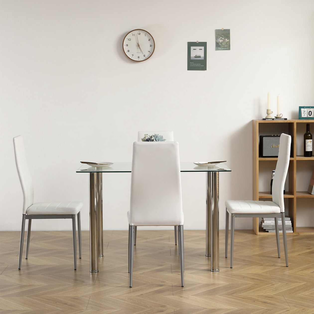 THOWDEE Glass PU Leather Dining Table Set, White