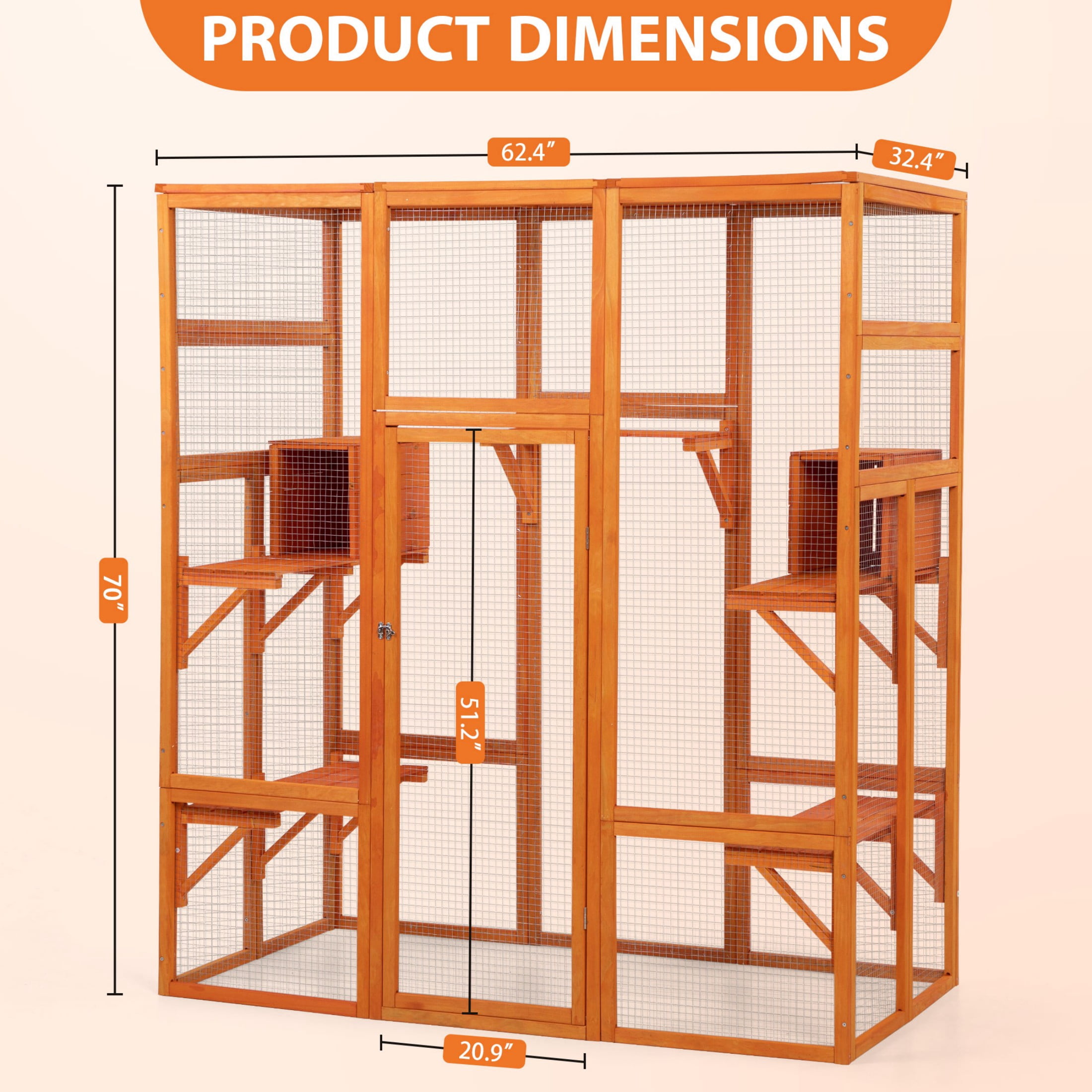 Outdoor Catio Cat Enclosure, Large Wooden Cat House with 6 Jumping Platforms, Scratching Post, 2 Ramps, Waterproof Roof, Cat Cage Window Access for 2-3 Kittens, 99" H, Orange