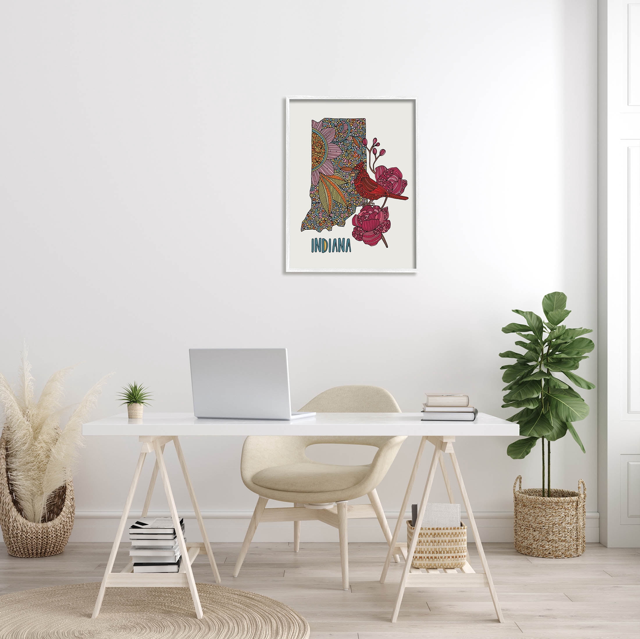 Stupell Industries Indiana State Bird Florals Graphic Art White Framed Art Print Wall Art, Design by Valentina Harper
