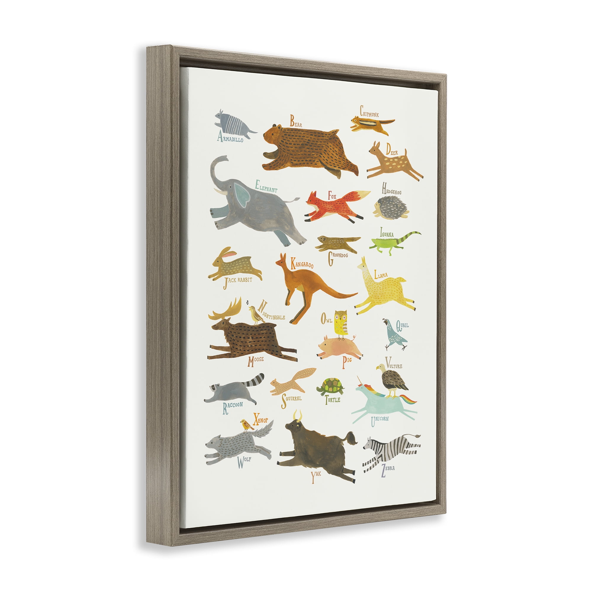 Stupell Industries Wild Animals Alphabet Education Painting Brown Floater Framed Canvas Art Print Wall Art, 17 x 21