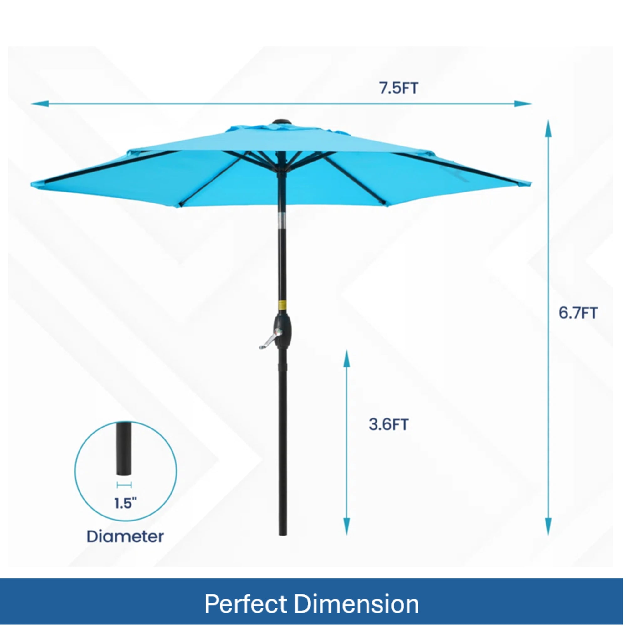 7.5 FT Blue Market Patio Umbrella with Crank Lift & Push‑Button Tilt, UV‑Resistant Waterproof Spun Polyester Canopy, Aluminum Pole Outdoor Shade for Backyard Pool Deck (Base Not Included)